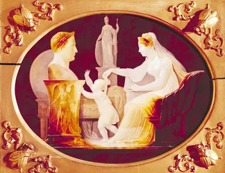 Marie-Louise von Österreich (1791-1847) führt ihren Sohn mit dem Band einer Medaille der Ehrenlegion zu einer Büste von Napoleon Bonaparte (1769-1821), 1813 (Öl auf Porzellan)